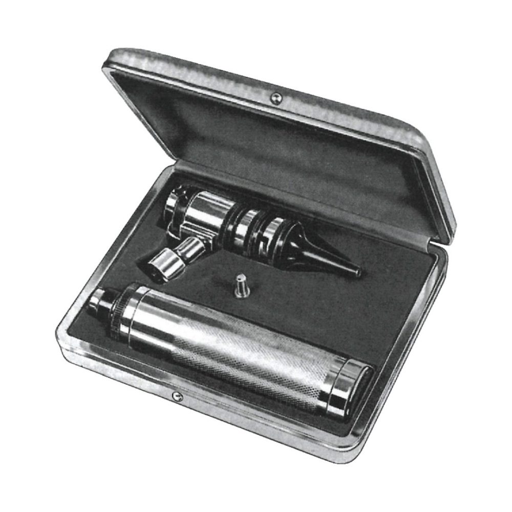 Otoscope set, consisting of battery handle (without batteries), 3 ear specula, 1 bulb, in velvet lined case